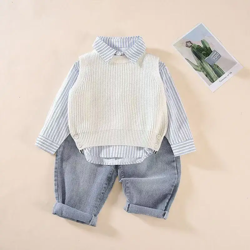 Boys\' Spring and Autumn Set Children\'s Sweater+Vest+Jeans Three piece Set 2025 New Style 1-5 Year Old Boys\' Baby 3 Pcs