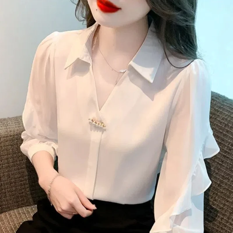 Women\'s Solid Color Rivet Lantern Long Sleeve Chiffon White Cardigan Shirt Formal Spring Summer Clothing Turn-down Collar Tops