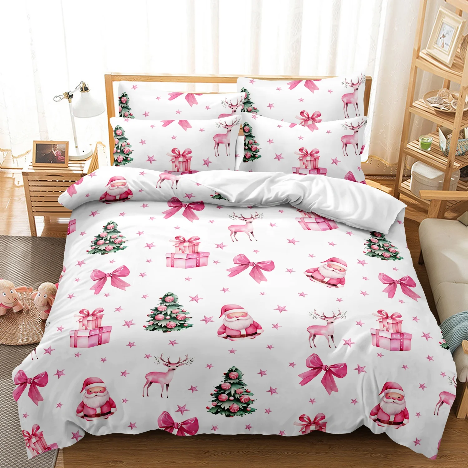 3Pcs Pink Christmas Duvet Cover Set, White Santa Reindeer Bow Gift Box Xmas Tree Print Bedding,Cute Winter Holiday Bedroom Decor