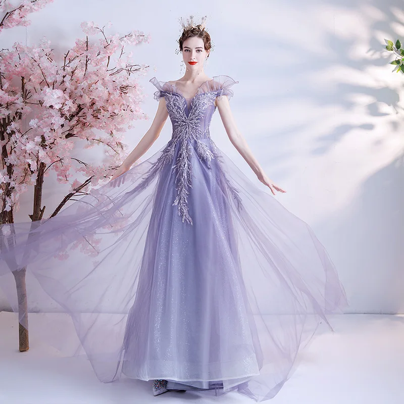 Purple Fairy Tale Gorgeous Formal Evening Dresses Sexy V-neck Birthday Party A-line Lace Gowns Sleeveless Robes De Soirée