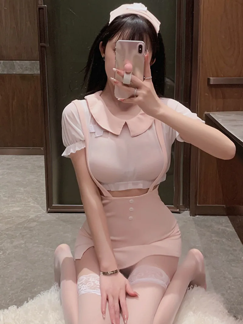 Long Night Long Sexy Nurse Uniform cosplay Short sleeves Sweet Set Hollow out Passionate transparent charming dress elegant W31H