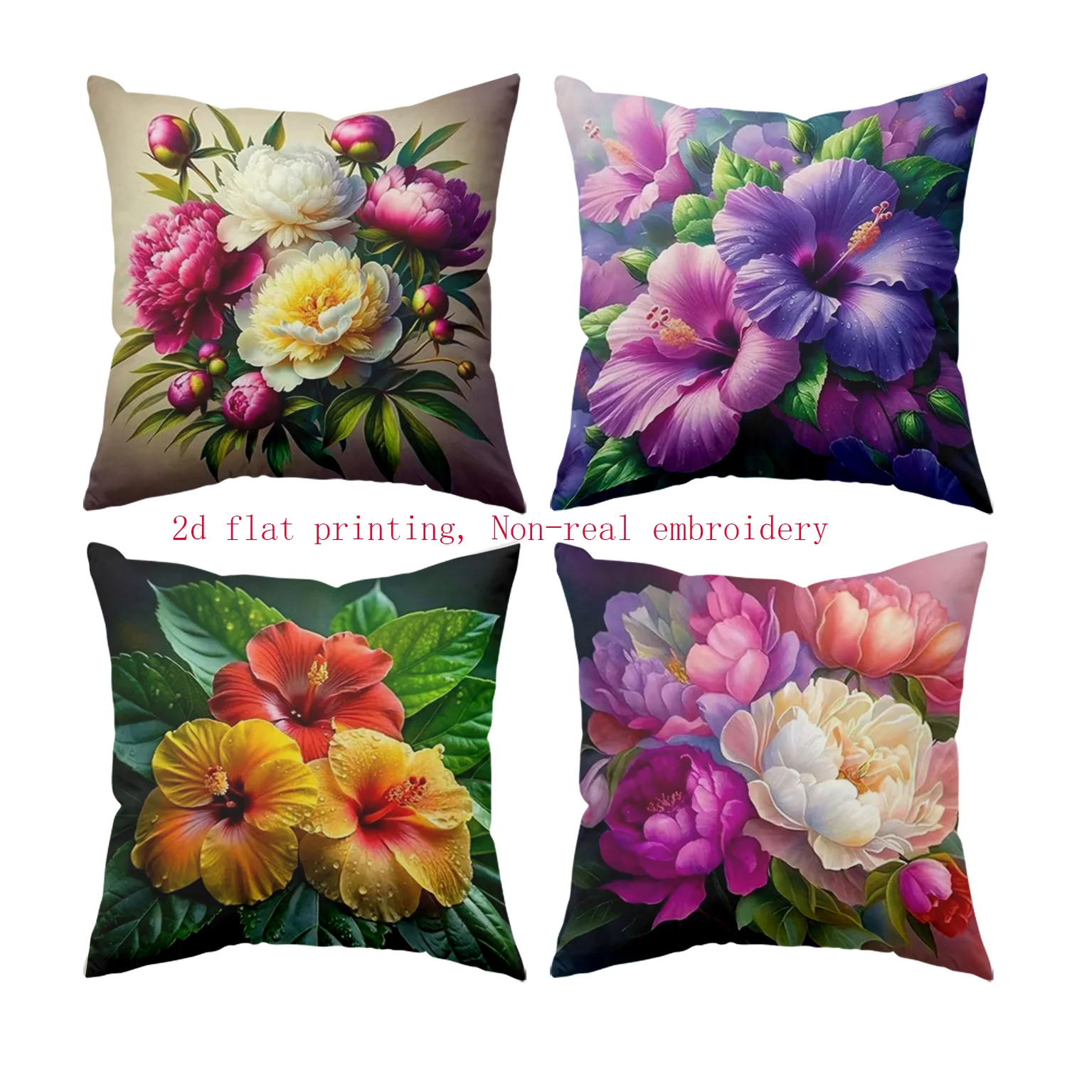 Juego  4 fundas  almohada estilo arte floral 2D para primavera, flores multicolor, frescas y naturales. Cierre con cremaller