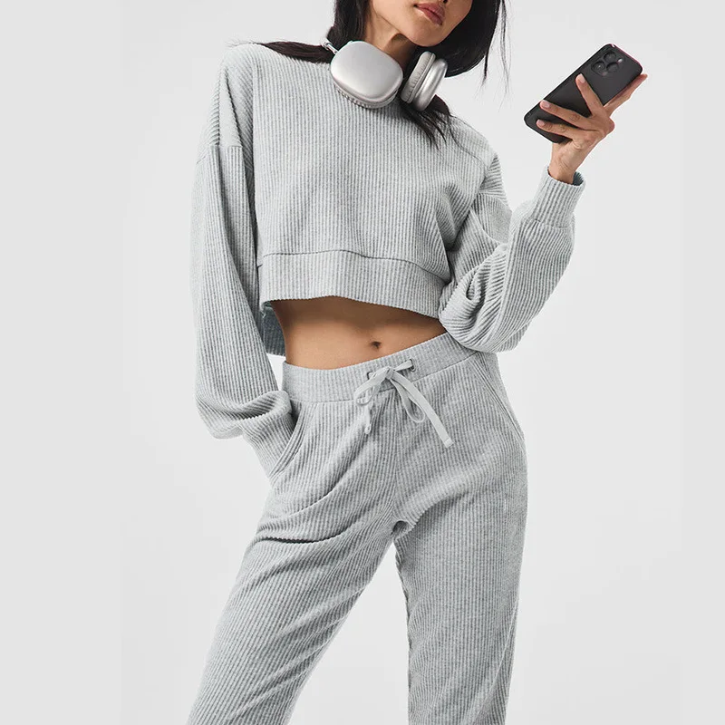 Corduroy Sweatshirts Women Tracksuit Loose Crop Top And Drawstring Sweatpants Sets Hoodie + Trouser Autumn Sporty Women Suit