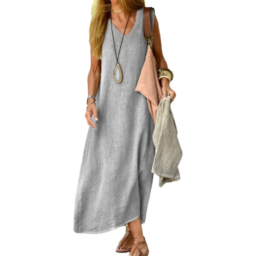 Casual Cotton Women's Dress Linen Grey Sleeveless Dress Solid V-Neck Maxi Length Dresses Summer