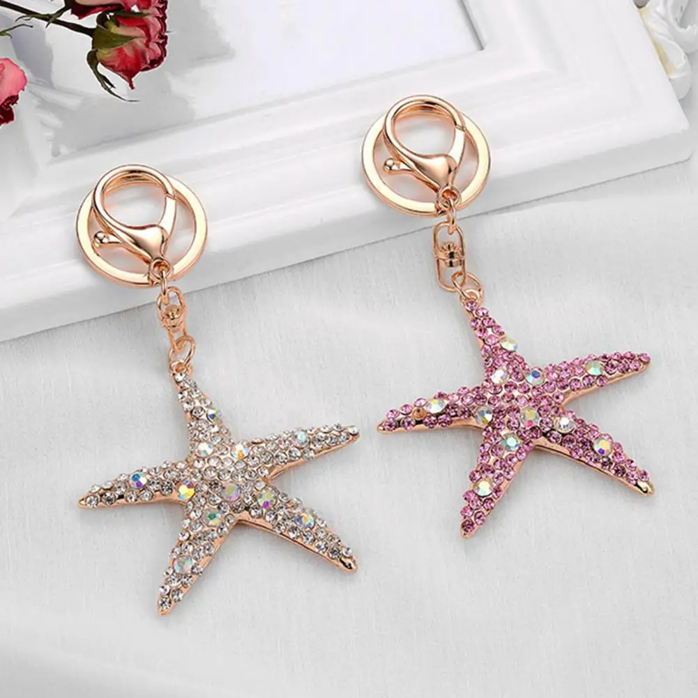 Anti-oxidation Keychain Sparkling Rhinestone Starfish Keychain Pendant Enamel Oil Drip Design Smooth Edges Spring Buckle