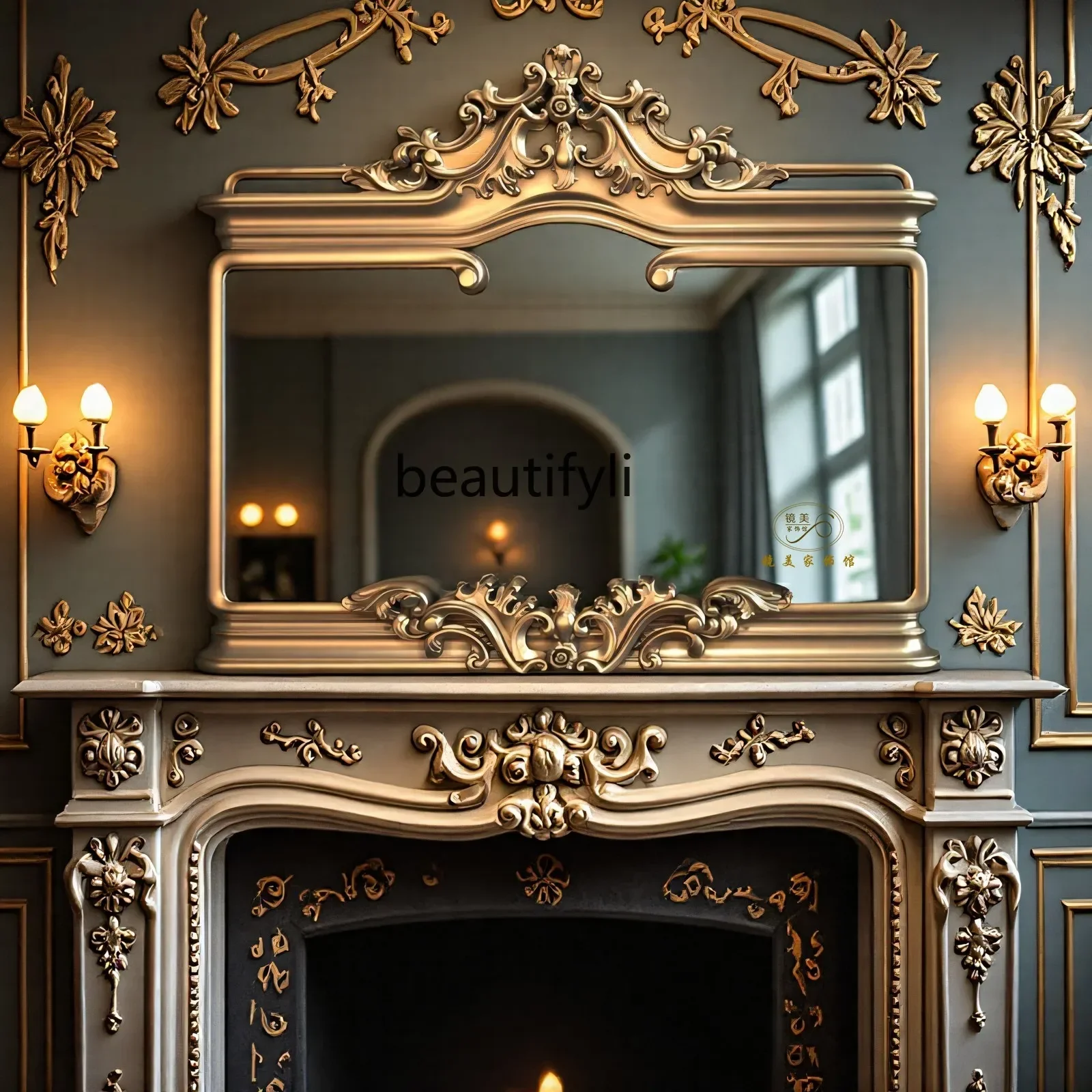 

French retro luxury carved fireplace decorative mirror American bathroom wall hanging vanity mirror