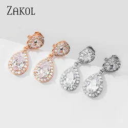 ZAKOL Classic Water Drop Zircon Clip Earrings Without Piercing for Women Fashion Bridal Wedding Jewelry Dropshipping