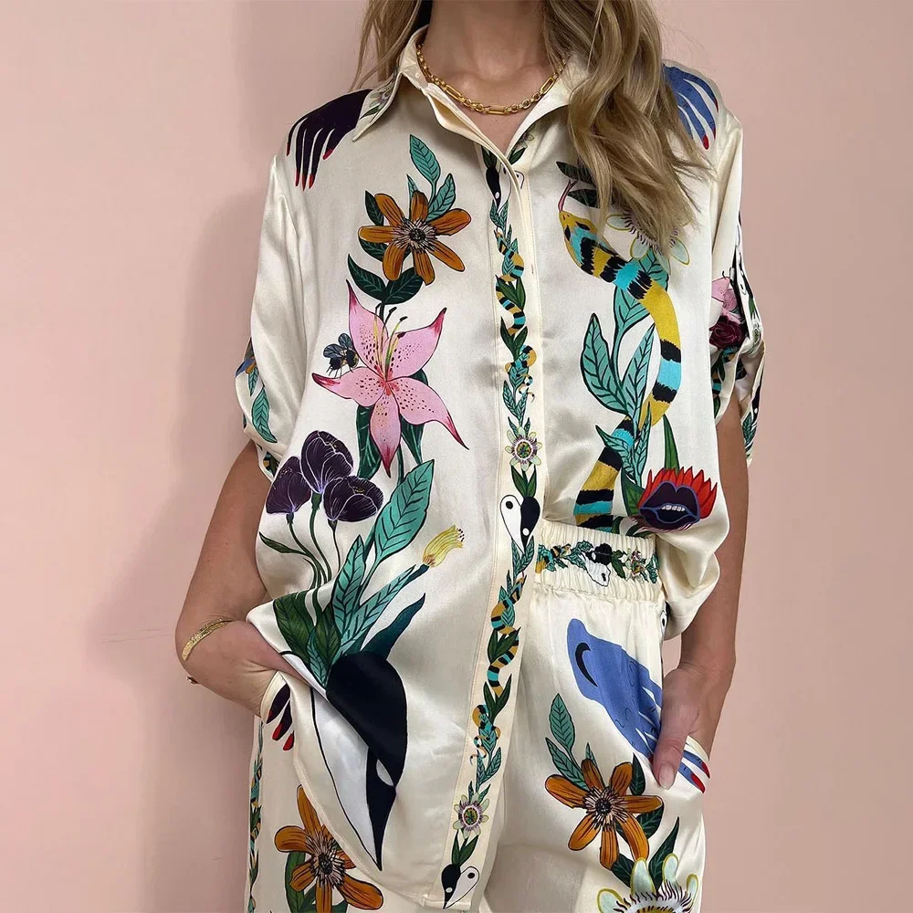 Women Printed 2 Pieces Set Short Sleeve Top Loose Long Pants Lady Spring Summer Hawaii Beach Casual Indie Folk Outfits 2024 NEW