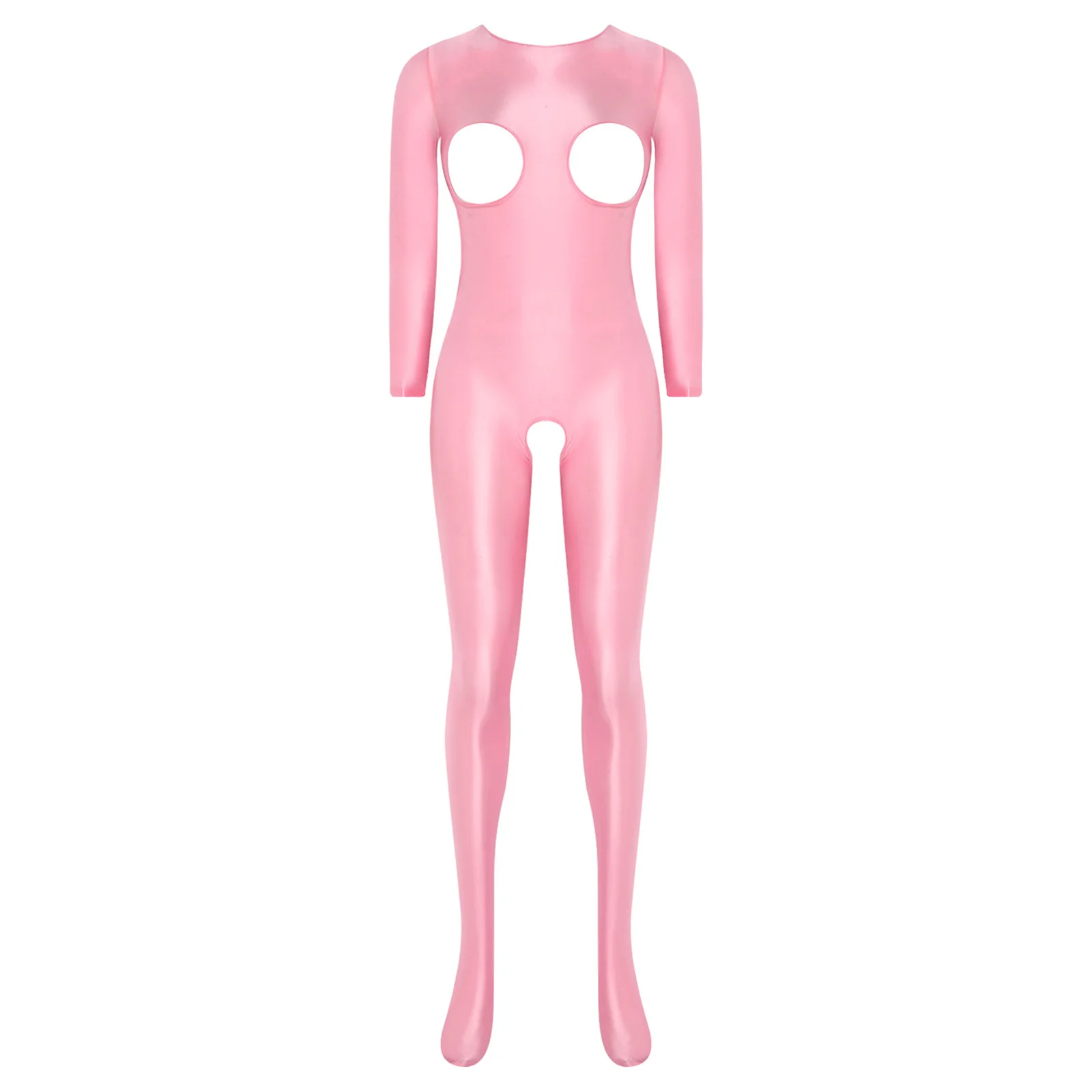 

Womens Rave Anniversary Bodysuit Glossy Unitard Romper Cutout Cup Open Crotch Long Sleeve Footed Tights Jumpsuit Sleepwear