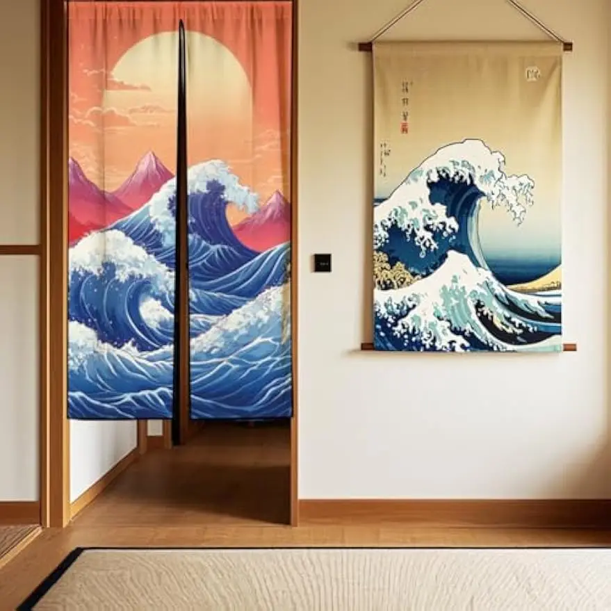 Ukiyoe Door Curtain Ocean Waves Japanese  Cherry Blossoms Doorway Room Divider Curtains Wall Hanging for Kitchen Bathroom