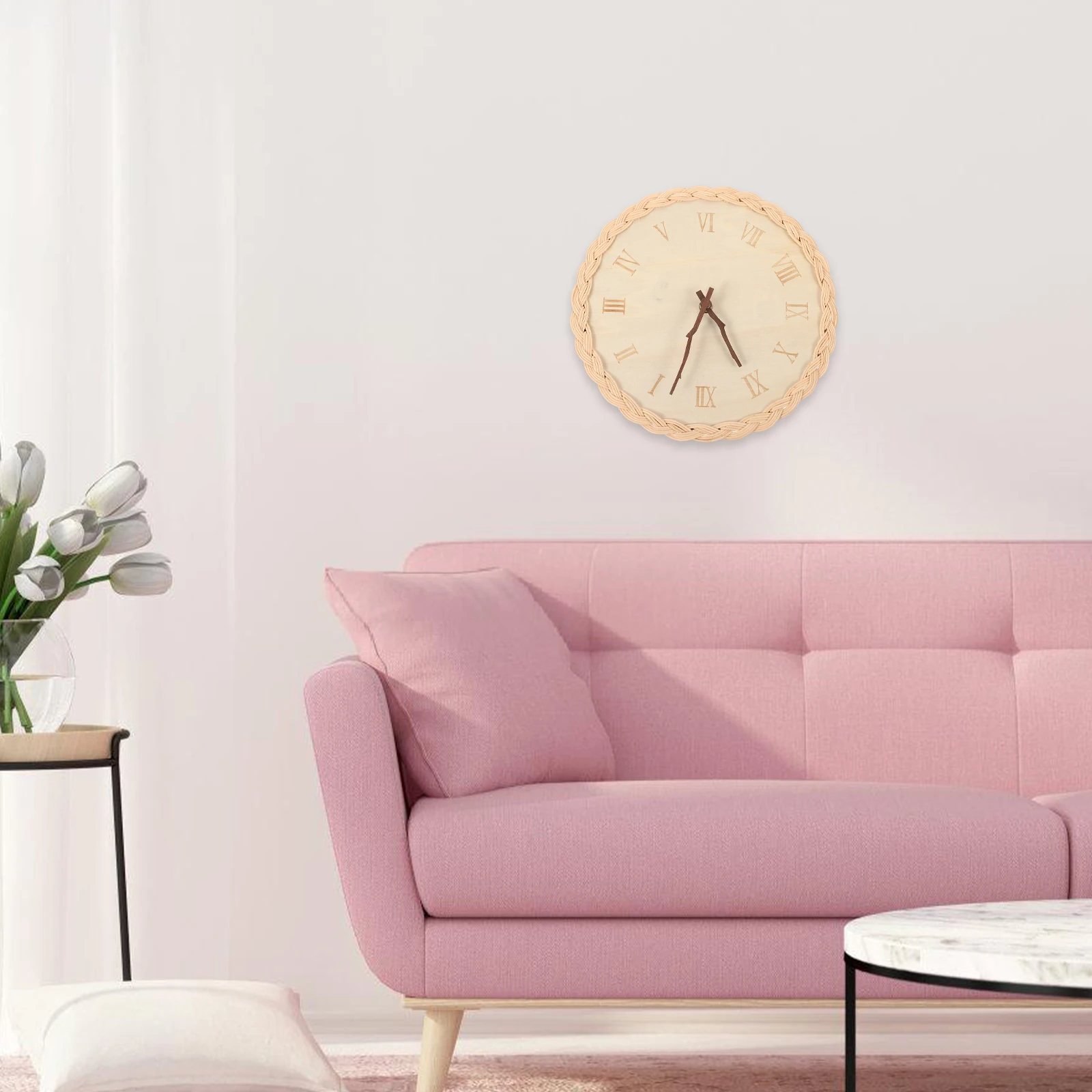 

Basswood Rustic Woven Wall Clock Round Shape Silent Movement Simple Style Home Bedroom Living Room Rattan Decoration Wall Clock