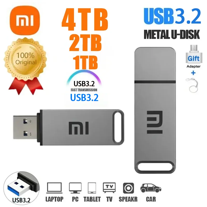 محرك أقراص فلاش Xiaomi الأصلي 4 تيرا بايت USB 3.2 محرك أقراص عالي السرعة 8 تيرا بايت من النوع C ذاكرة USB معدنية مقاومة للماء لأجهزة تخزين الكمبيوتر