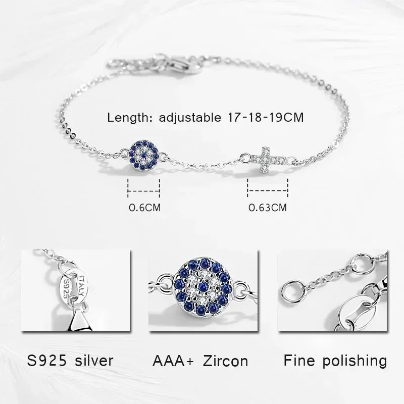 TONGZHE 925 Sterling Silver Hamsa Lucky Evil Eye Cross Bracelet Wonder Women Small Blue Cystal Stones Fine Wedding Jewelry