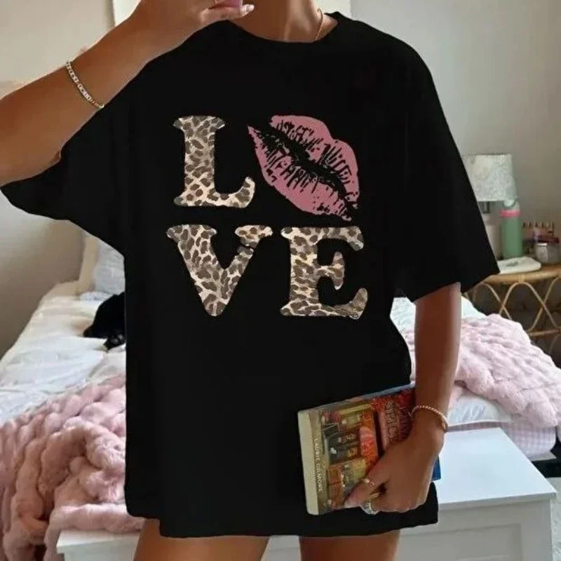 Summer New Fashion American Fun Leopard Love Pattern Print Premium Men's Short Sleeve Crew Neck Comfortable Loose T-Shirt