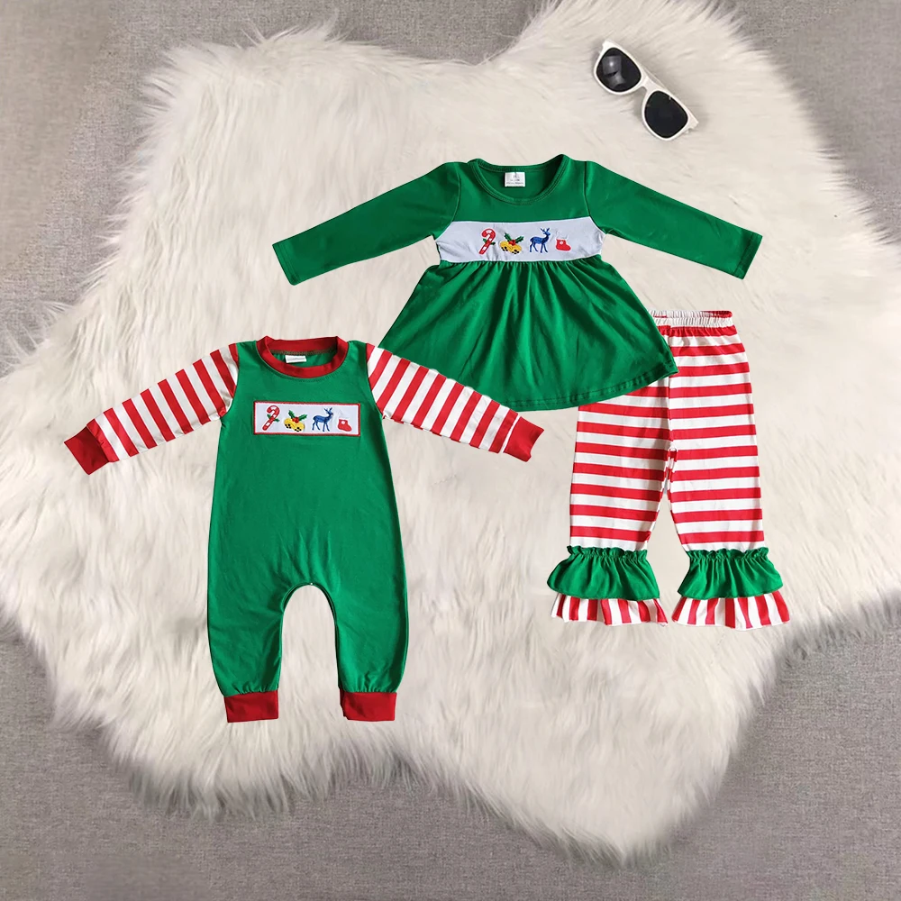 

GLP0166 Wholesale Summer RTS rompers kids clothes girl embroidery Christmas long sleeve pants sets Boutique baby girl clothes
