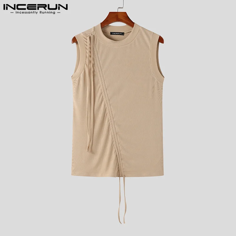 INCERUN Tops 2023 Handsome New Mens Pleated Design Solid All-match Vests Casual Male Comfortable Knitted O-neck Waistcoat S-5XL