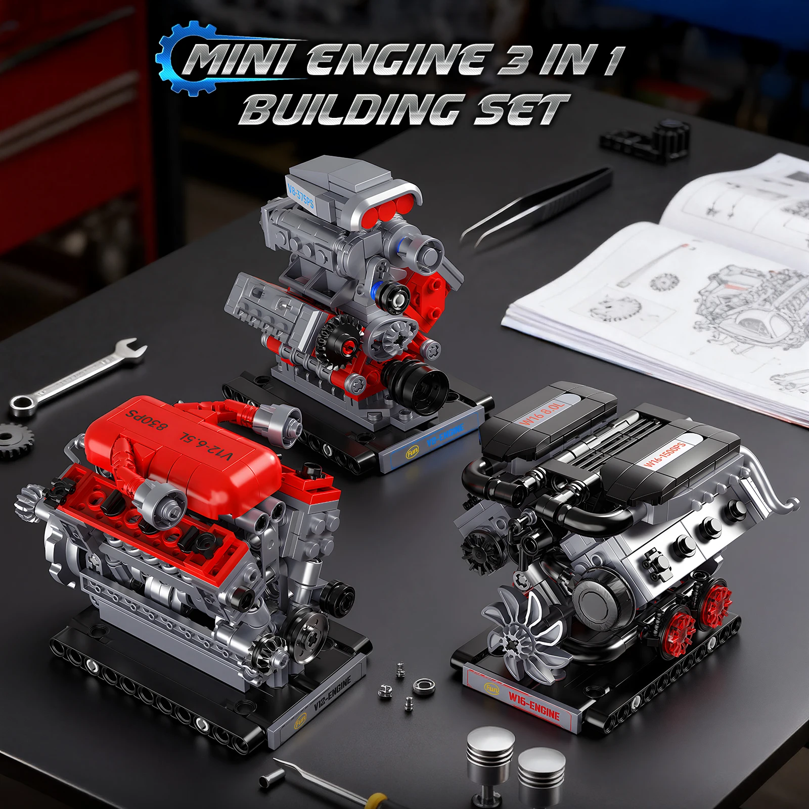 

MOC Miniature Engine Model Building Blocks, V8 V12 W16 3-in-1 Engine Assembly Set, Kid's STEM Toy, Birthday Gift for Kd Adults