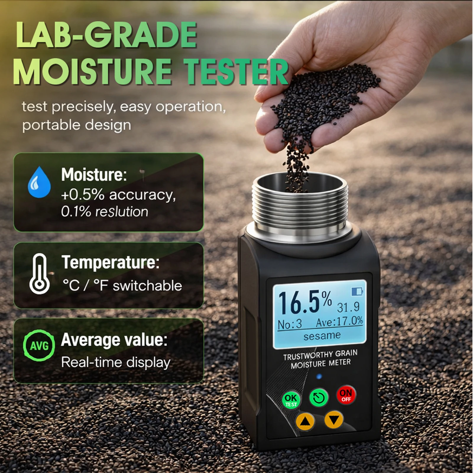 T9-W65pro Cup-Type Grain Moisture Meter 40 Grains ±0.5% Accuracy 250 Data Storage Backlight 9 Languages for Wheat Corn