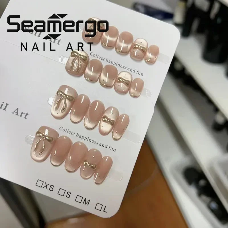 

10PCS Handmade Nude Shiny Cat Eye with Bowknot French Sweet Simple Luxury Designs Short Oval Press on Nails Fake Nails for Girls