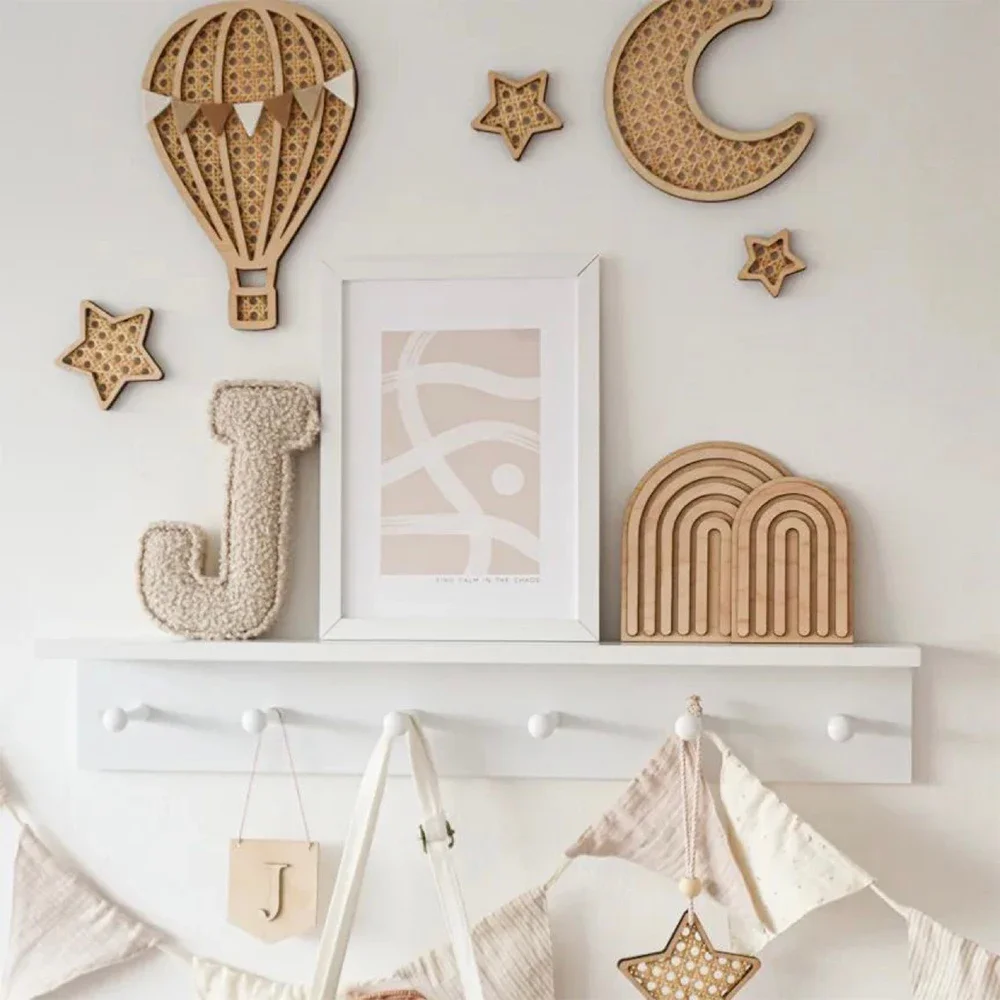 Nordic Rattan Woven Wall Ornaments Wooden Rattan Rainbow Hot Air Balloon Moon Star Wall Stickers for Baby Room Home Wall Decor