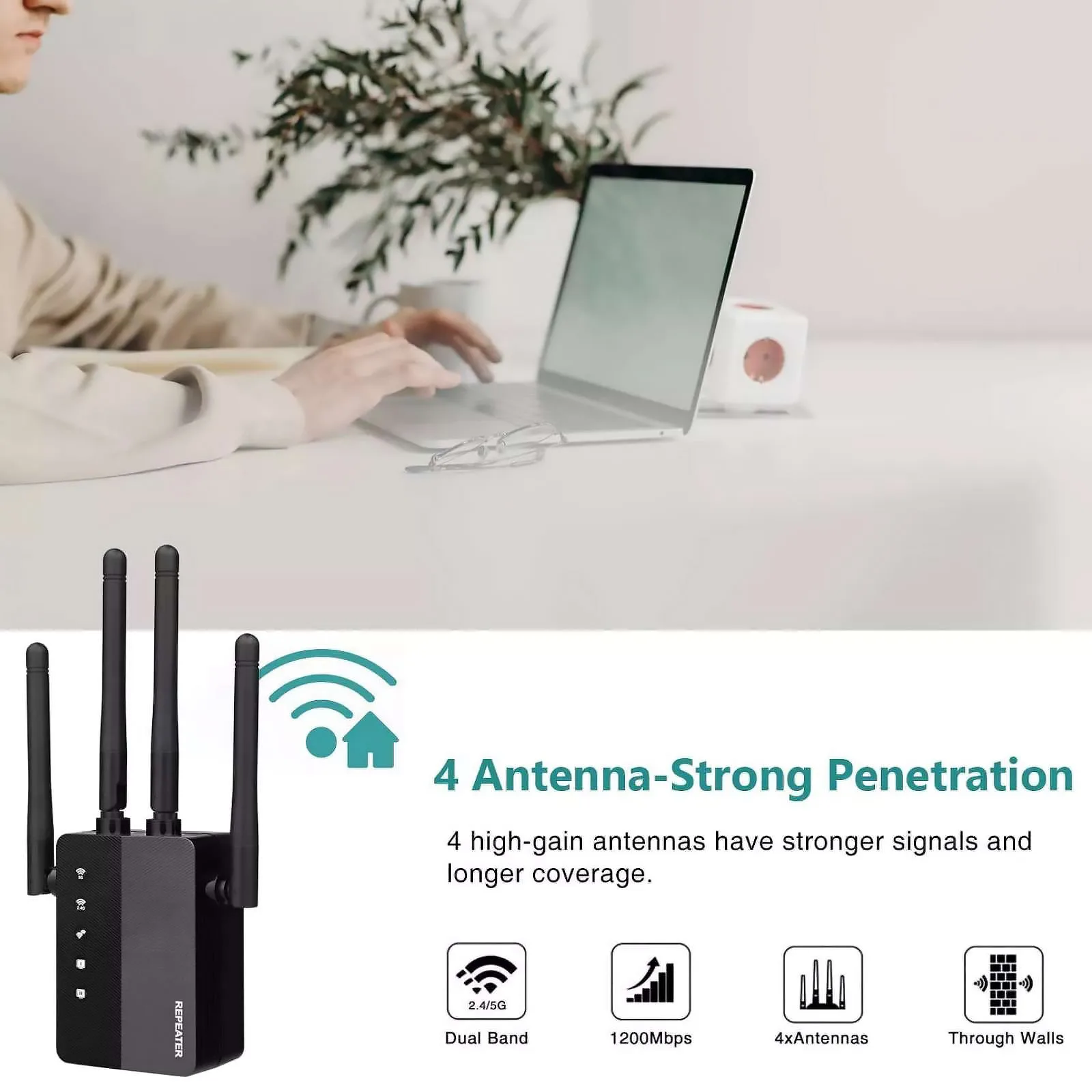 

Усилитель Wi-Fi сигнала 1200 Мбит/с, двухдиапазонный 2.4/5.8 ГГц, с 4 внешними антеннами, для дома, WPS/RJ45