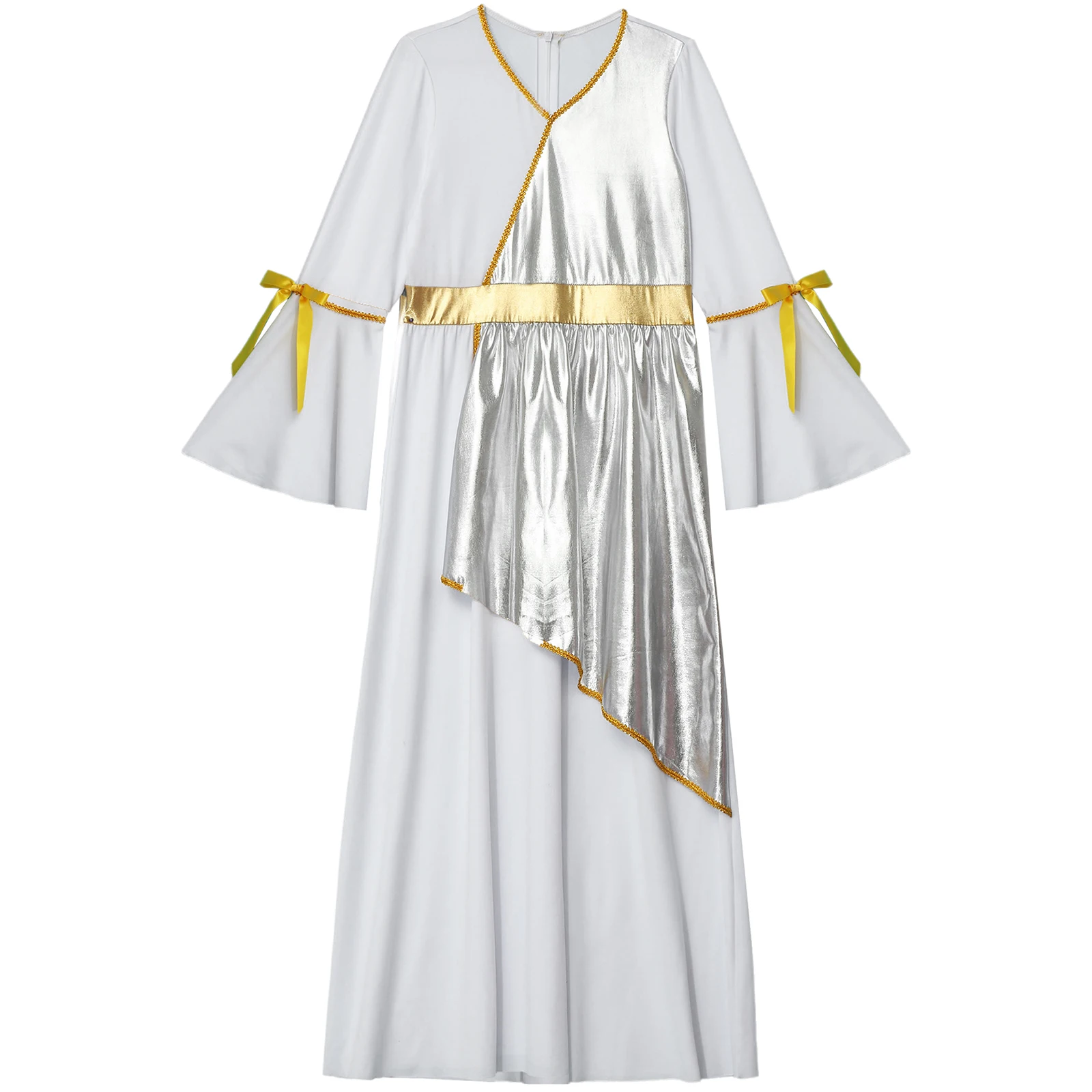 Kids Girl Halloween Ancient Greek Goddesses Princess Cosplay Dress Church Choir Worship Gown Long Sleeve Gold Trim Roman Toga