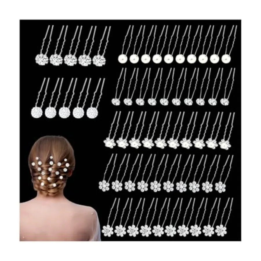 

60 Pcs 7 Styles Silver Bridal Wedding Hair Pins, Flower Hair Clips for Women, U Shaped Crystal Pearl Hair Clips, Suitable for B
