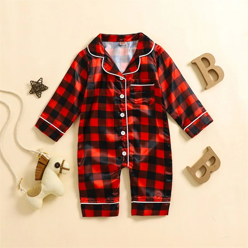 

Baby Christmas Pajama Bodysuits Plaid Button-down Long Sleeve Lapel Neck Fall Romper