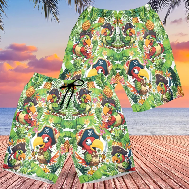 Funny Pirate Animals Graphic Beach Shorts Casual Hawaiian Parrot Cat 3D Printed Short Pants For Men Clothes Fashion Skull Trunks