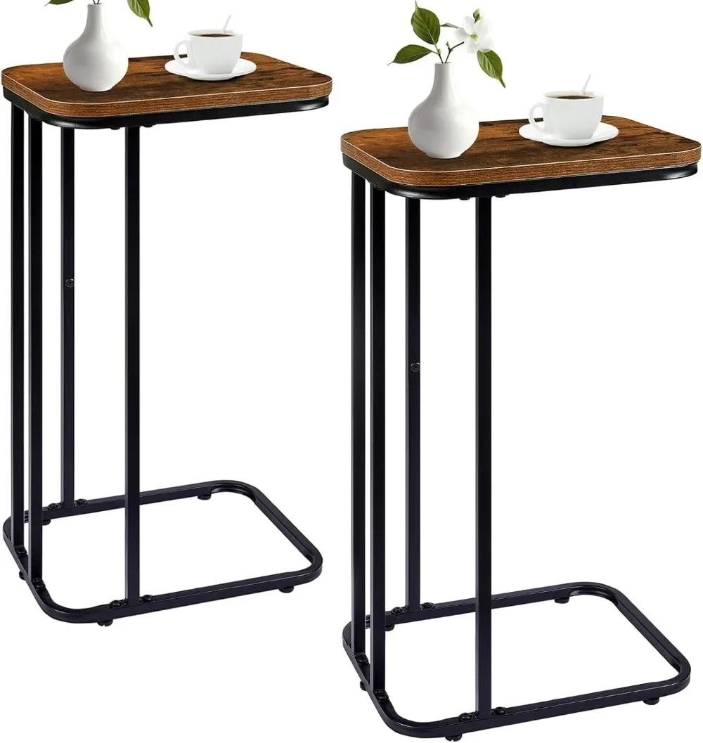 C Shaped End Table Set of 2, Small Side Table for Sofa and Bed, Couch Tables That Slide Under, Tall Tv Tray Table