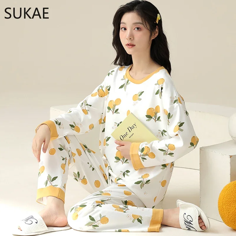 Sukae M-5XL big size women pajama set Autumn Winter new cotton long sleeves woman sleepwear casual girl pijama cartoon nightgown