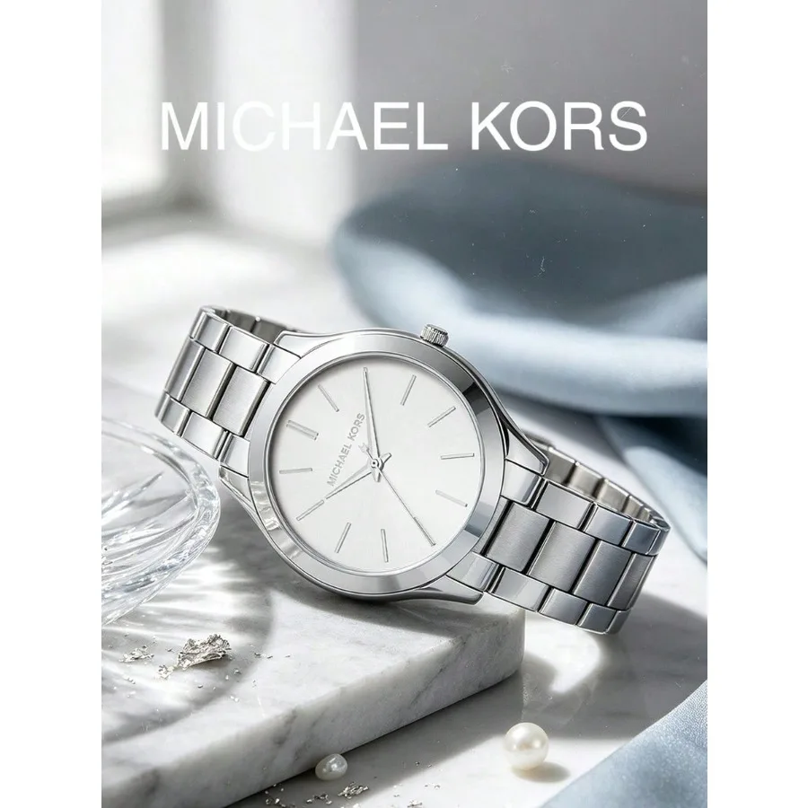 Michael Kors Women Quartz Watch Silver Steel Bracelet Minimal White Dial Slim Elegant Ladies Wristwatch Gift