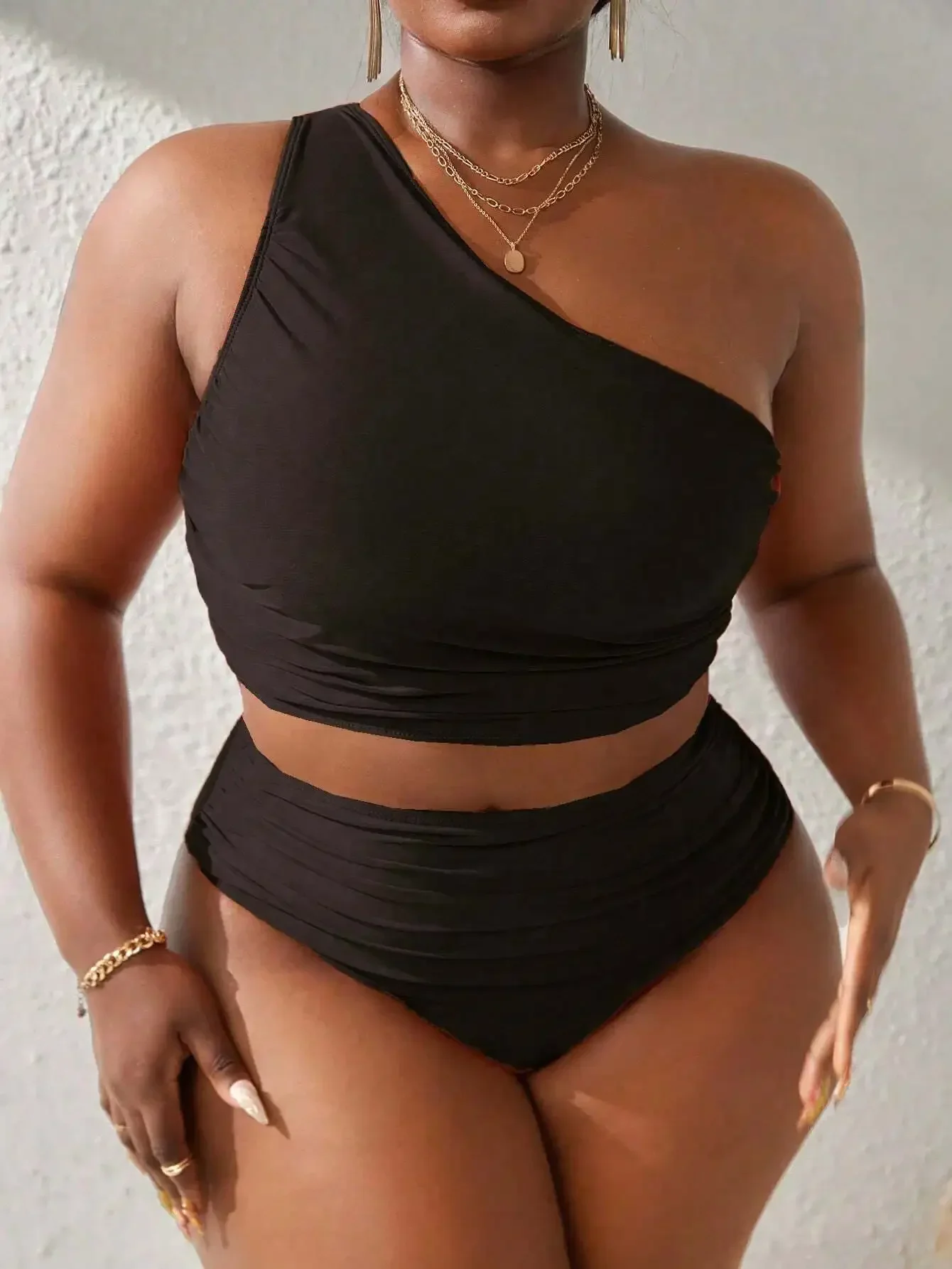 Plus Size One Shoulder Sleeveless Tankini Swimwear Set