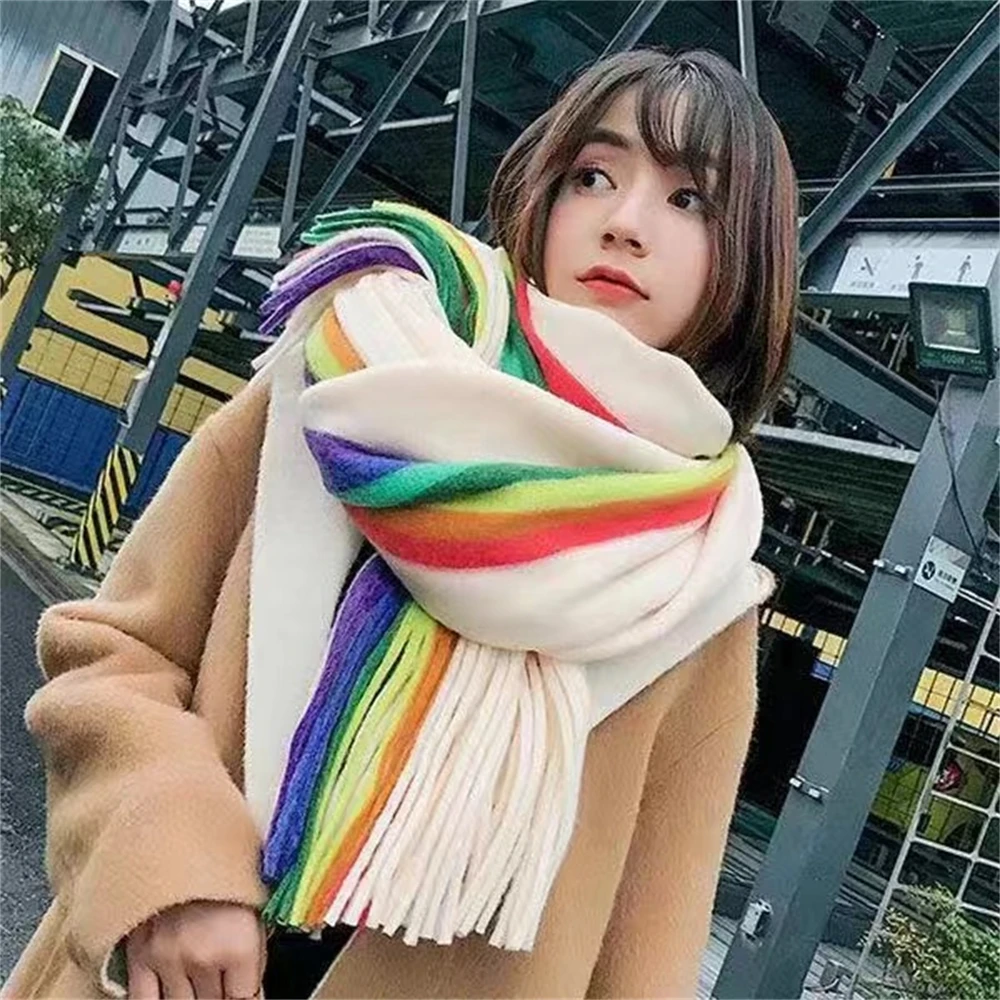 Women\'s Rainbow Scarf Winter Cashmere Shawl Thickened Warm Knitted Line Scarf Long Fashion Bufandas Shawl Pashmina for Femme