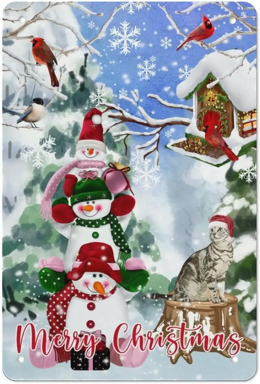 Christmas Let It Snow Snowman and Cat Tin Sign Christmas Snowman Aluminum Metal Sign Wall Plaque Art Sign Post Gifts for Man Fri