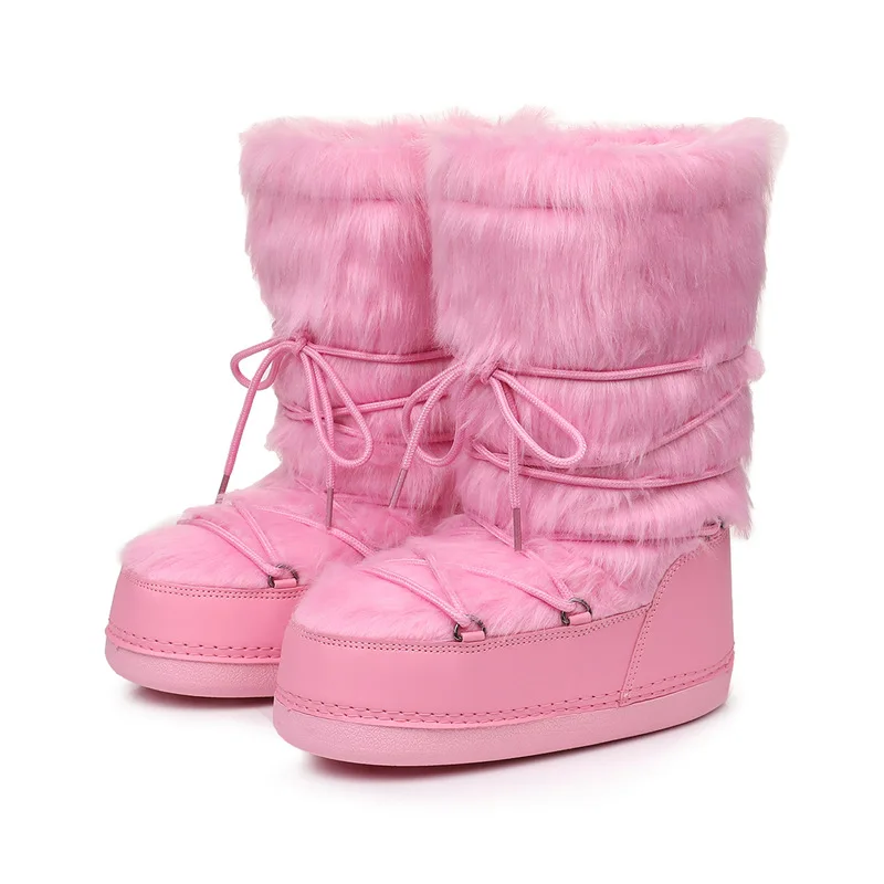 High Quality Women's Faux Fur Platform Snow Boots Winter Warm Lace Up Fluffy Ankle Boots for Women Outdoor Casual Non-slip Shoes view 3