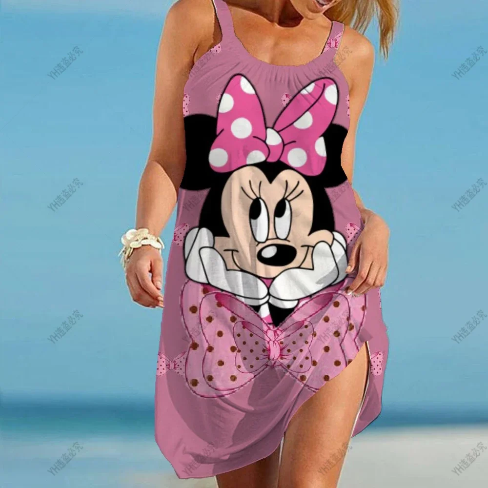 

Disney Minnie Mickey Mouse sleeveless suspender bohemian dress casual V-neck holiday dress summer Sexy Mini Beach Party SunDress