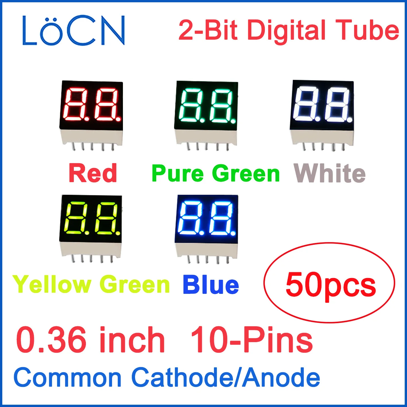 0.36 inch LED Display Digital tube 2 bit RED BLUE PURE YELLOW GREEN WHITE Common Cathode Anode High Bright Clock Point 50PCS