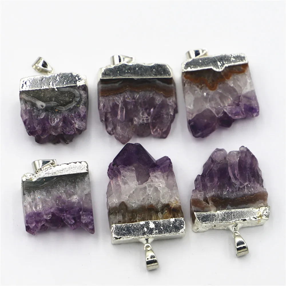 6Pcs Druzys Natural Drusy Stone Random Amethysts Pendants Irregular Square Quartz Geode Cut Necklace Crystal Piont Healing G1112