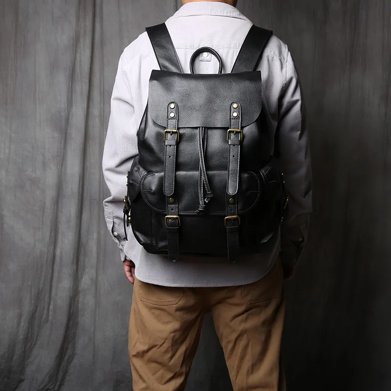 NZPJ Herren-Rucksack aus echtem Leder, lässige Herrentasche, natürliches Rindsleder, Büchertasche, Laptop-Computertasche, Rucksack mit großer Kapazität – Detail 4