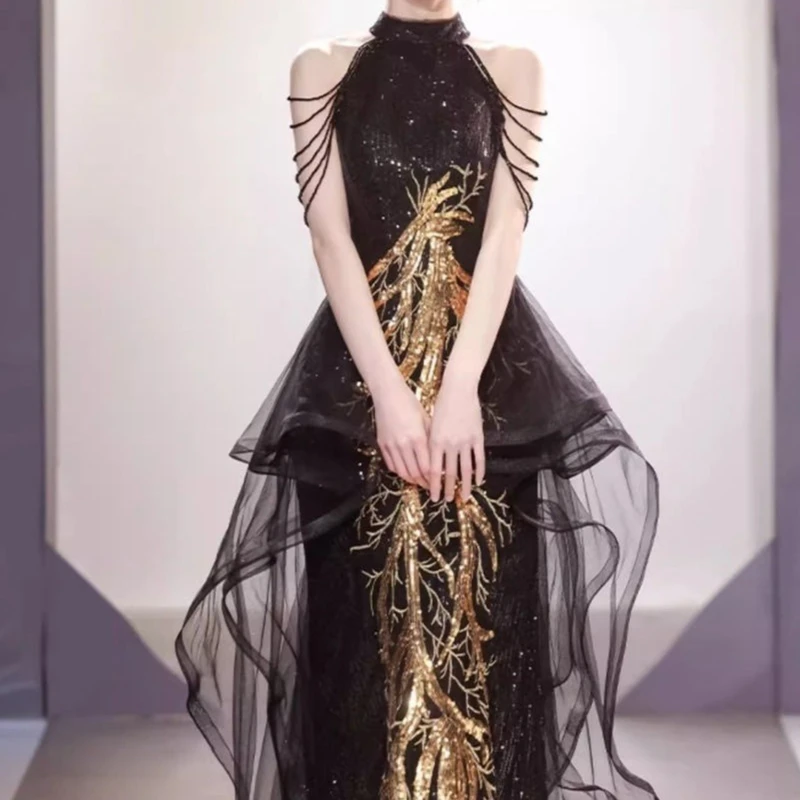 Plus Size Sexy Shiny Sequined Long Evening Dresses Maxi Party Gown Polyester Sleeveless Prom Dress Graduation Night Out Dress