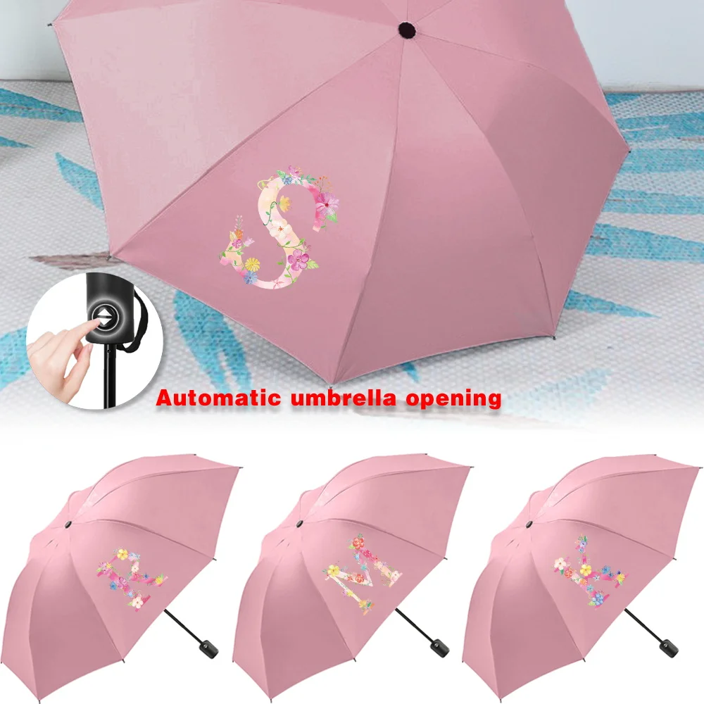 

UV Sun Rain Umbrellas Collapsible Fully Automatic Travel Essentials Protection Increased Thickness Windproof Compact Pink Letter