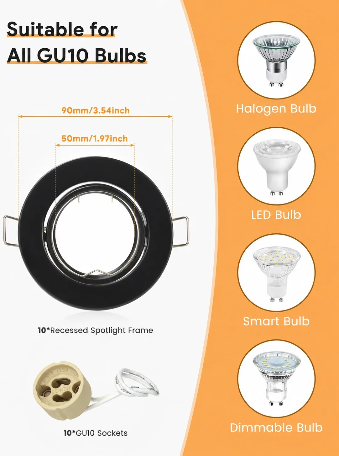 JOYINLED 10PCS Black Recessed Downlight Frame GU10 MR16 Spotlight Mounting Ring 68mm Cutout 30 Degree Adjustable Ceiling Fixture