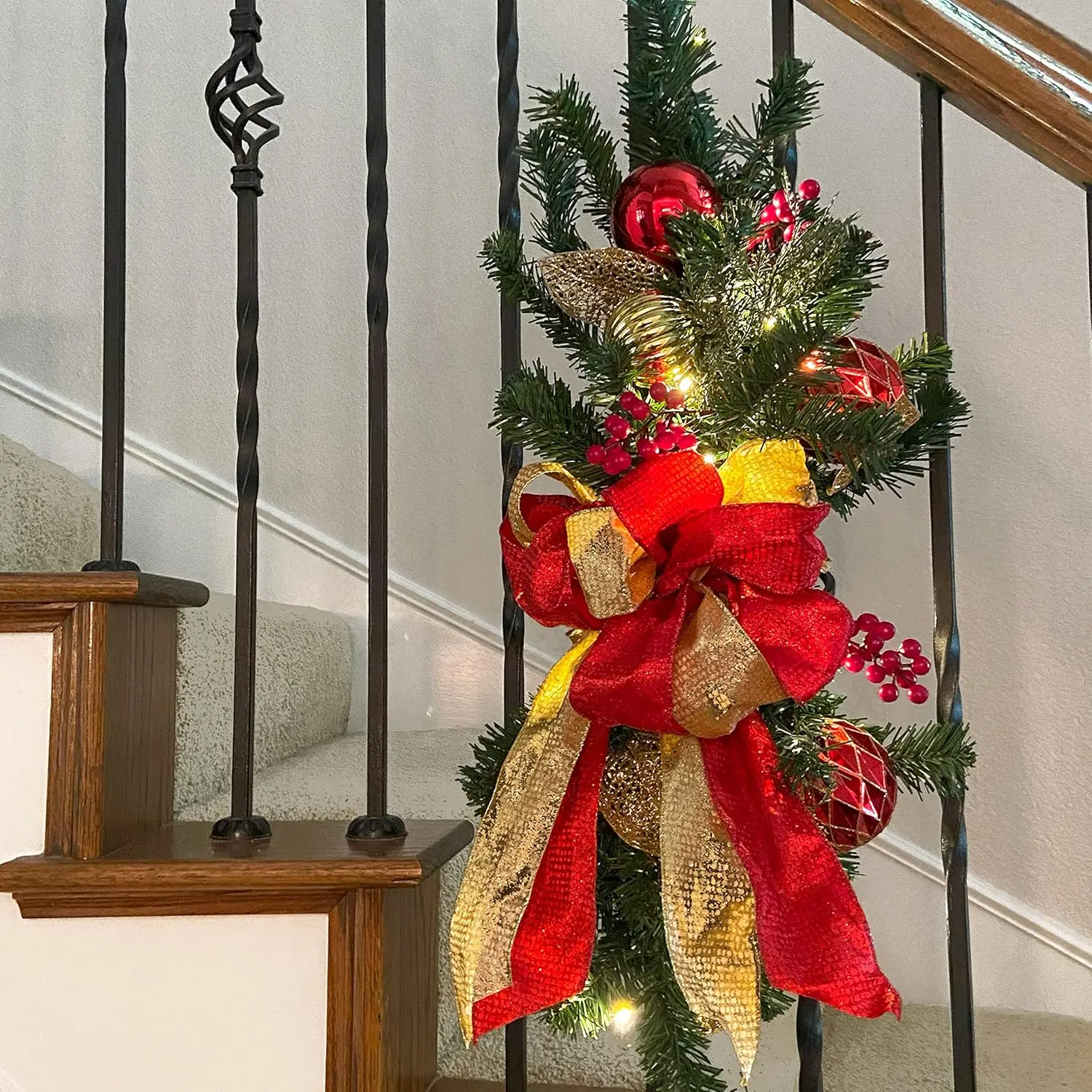 26 Inch Madison Pre-lit LED Christmas Staircase Swag with Shatterproof Ornaments, Artificial Berries, and Built-in Timer