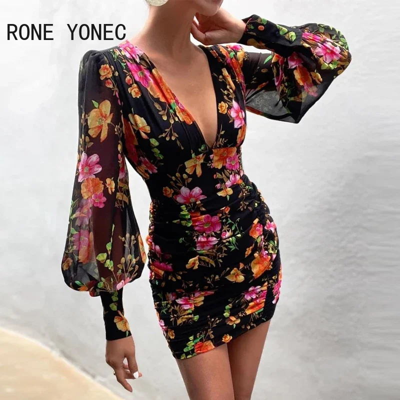 Women Floral Print V-neck Lantern Sleeve Tight Waist Dress Vacation Dress 2021