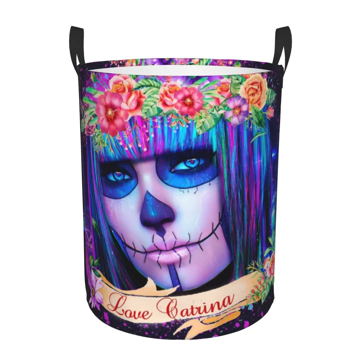 

Halloween Catrina Sugar Skull Laundry Hamper Clothes Storage Basket Day Of The Dead Mexican Lady Toys Bin for Boy Girl