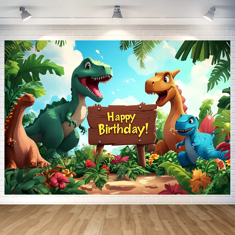 Children Dinosaur Jungle Explore Birthday Party Backdrop Polyester Photo Booth Background With Balloons Flowers Versatile Indoor