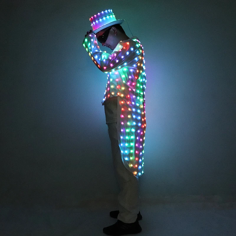 Full Color LED Tuxedo Magician Party Host Luminous Costumes Vest Stage Dance Light Clothing Glowing Fashion Swallowtail Clothes