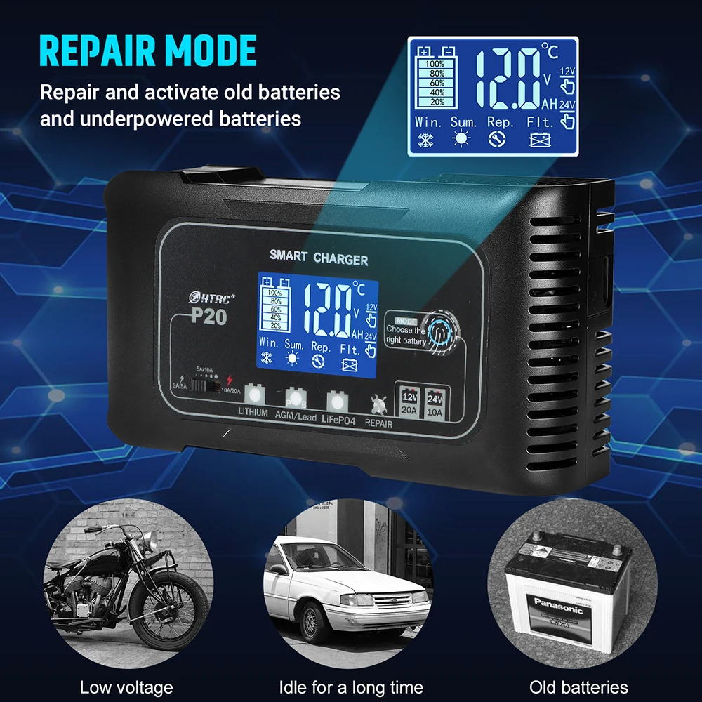 Smart Battery Charger Automatic 280W 20A Automatic Pulse Repair High Power for Lifepo4 AGM Lead-Acid Lithium Batteri LCD Display