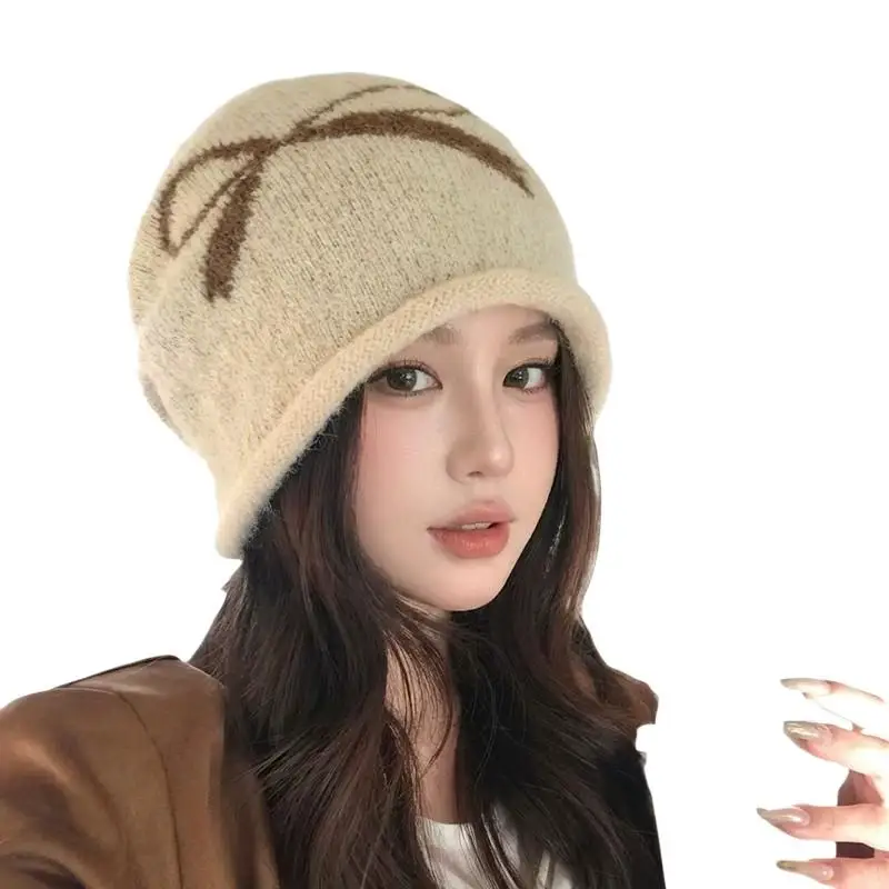 High Stretchy Fabric Soft Warm Knitted Slouchy Beanie Cute Bow Pattern Big Head Friendly Hat for Adults Autumn